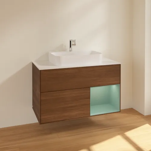 Bild von VILLEROY BOCH Finion Waschbeckenunterschrank, mit Beleuchtung, 2 Auszüge, 1000 x 603 x 501 mm, Walnut Veneer / Olive Matt Lacquer / Glass White Matt #F371GMGN