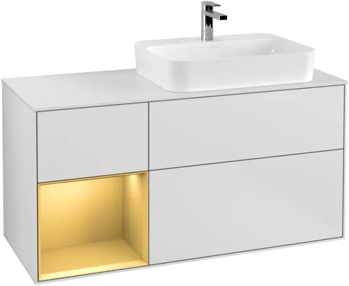 VILLEROY BOCH Finion Vanity unit, with lighting, 3 pull-out compartments, 1200 x 603 x 501 mm, White Matt Lacquer / Gold Matt Lacquer / Glass White Matt #F391HFMT resmi