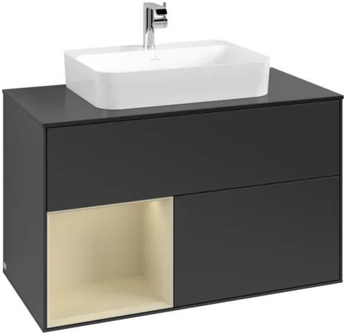 Obrázek VILLEROY BOCH Toaletní skříňka Finion, s osvětlením, 2 výsuvy, 1000 x 603 x 501 mm, černý matný lak / hedvábně šedý matný lak / černé matné sklo #F362HJPD
