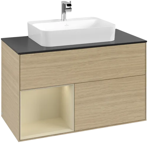 Obrázek VILLEROY BOCH Toaletní skříňka Finion, s osvětlením, 2 výsuvy, 1000 x 603 x 501 mm, dubová dýha / hedvábně šedý matný lak / sklo černé matné #F362HJPC