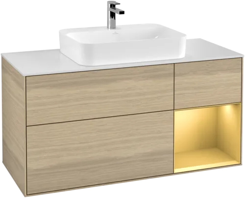 Obrázek VILLEROY BOCH Toaletní skříňka Finion, s osvětlením, 3 výsuvy, 1200 x 603 x 501 mm, dubová dýha / zlatý matný lak / sklo bílé matné #F421HFPC