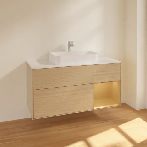 VILLEROY BOCH Finion Waschbeckenunterschrank, mit Beleuchtung, 3 Auszüge, 1200 x 603 x 501 mm, Oak Veneer / Gold Matt Lacquer / Glass White Matt #F421HFPC, Bild 2