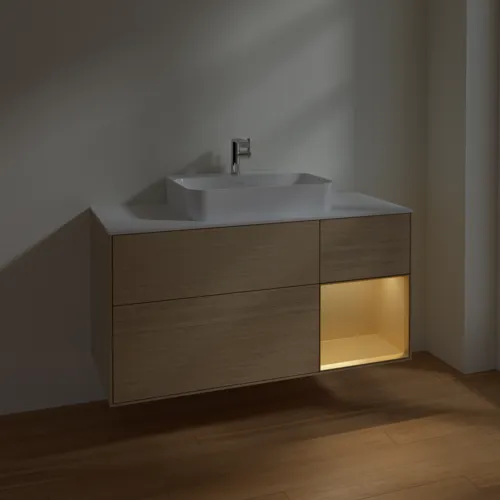 VILLEROY BOCH Finion Waschbeckenunterschrank, mit Beleuchtung, 3 Auszüge, 1200 x 603 x 501 mm, Oak Veneer / Gold Matt Lacquer / Glass White Matt #F421HFPC, Bild 5