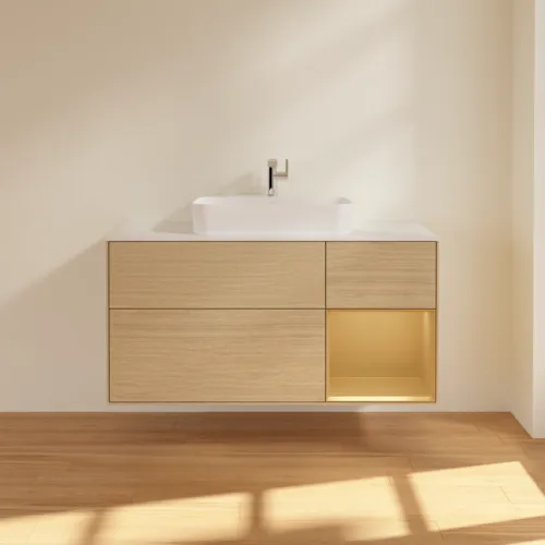 VILLEROY BOCH Finion Waschbeckenunterschrank, mit Beleuchtung, 3 Auszüge, 1200 x 603 x 501 mm, Oak Veneer / Gold Matt Lacquer / Glass White Matt #F421HFPC, Bild 3