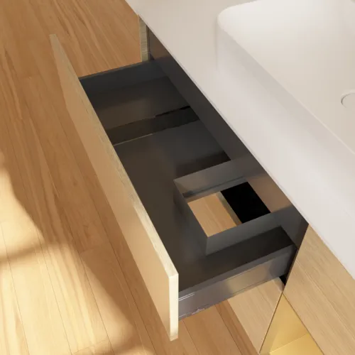 VILLEROY BOCH Finion Waschbeckenunterschrank, mit Beleuchtung, 3 Auszüge, 1200 x 603 x 501 mm, Oak Veneer / Gold Matt Lacquer / Glass White Matt #F421HFPC, Bild 8