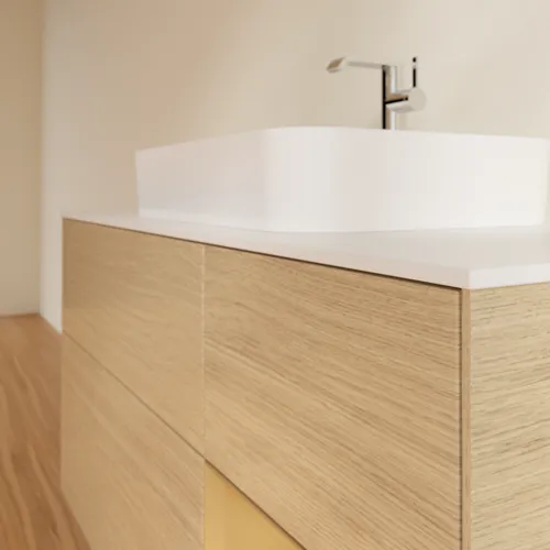 VILLEROY BOCH Finion Waschbeckenunterschrank, mit Beleuchtung, 3 Auszüge, 1200 x 603 x 501 mm, Oak Veneer / Gold Matt Lacquer / Glass White Matt #F421HFPC, Bild 6