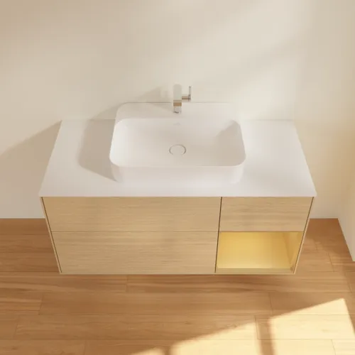 VILLEROY BOCH Finion Waschbeckenunterschrank, mit Beleuchtung, 3 Auszüge, 1200 x 603 x 501 mm, Oak Veneer / Gold Matt Lacquer / Glass White Matt #F421HFPC, Bild 4