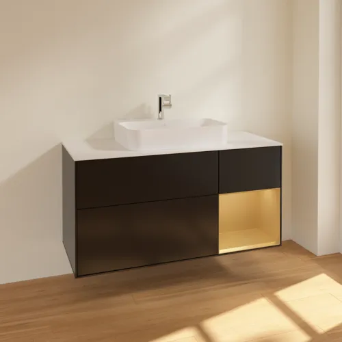 VILLEROY BOCH Finion Waschbeckenunterschrank, mit Beleuchtung, 3 Auszüge, 1200 x 603 x 501 mm, Black Matt Lacquer / Gold Matt Lacquer / Glass White Matt #F421HFPD, Bild 2