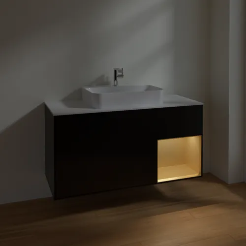 VILLEROY BOCH Finion Waschbeckenunterschrank, mit Beleuchtung, 3 Auszüge, 1200 x 603 x 501 mm, Black Matt Lacquer / Gold Matt Lacquer / Glass White Matt #F421HFPD, Bild 5