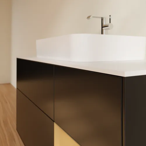 VILLEROY BOCH Finion Waschbeckenunterschrank, mit Beleuchtung, 3 Auszüge, 1200 x 603 x 501 mm, Black Matt Lacquer / Gold Matt Lacquer / Glass White Matt #F421HFPD, Bild 6
