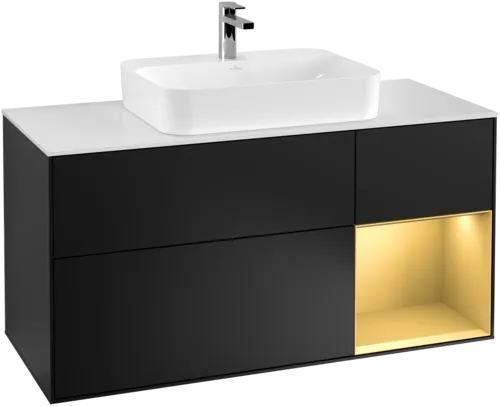 Obrázek VILLEROY BOCH Toaletní skříňka Finion, s osvětlením, 3 výsuvy, 1200 x 603 x 501 mm, černý matný lak / zlatý matný lak / bílé matné sklo #F421HFPD
