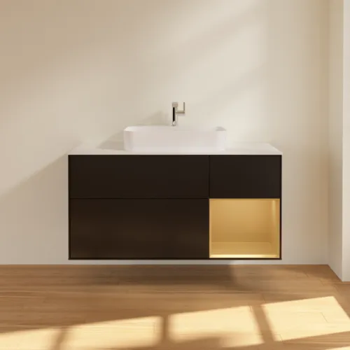 VILLEROY BOCH Finion Waschbeckenunterschrank, mit Beleuchtung, 3 Auszüge, 1200 x 603 x 501 mm, Black Matt Lacquer / Gold Matt Lacquer / Glass White Matt #F421HFPD, Bild 3