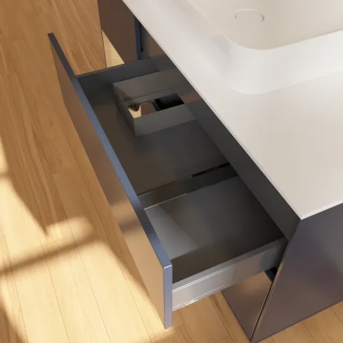 Bild von VILLEROY BOCH Finion Waschbeckenunterschrank, mit Beleuchtung, 3 Auszüge, 1200 x 603 x 501 mm, Midnight Blue Matt Lacquer / Oak Veneer / Glass White Matt #F411PCHG