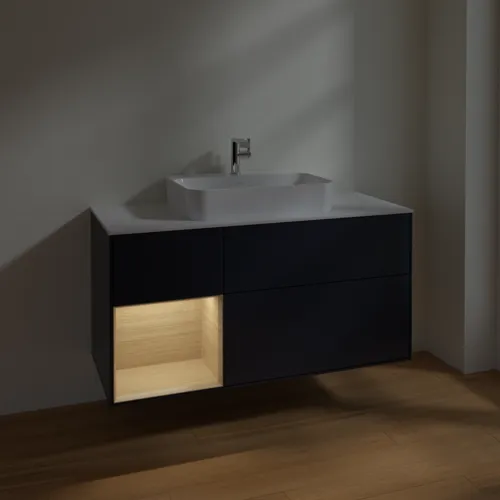 Bild von VILLEROY BOCH Finion Waschbeckenunterschrank, mit Beleuchtung, 3 Auszüge, 1200 x 603 x 501 mm, Midnight Blue Matt Lacquer / Oak Veneer / Glass White Matt #F411PCHG