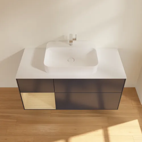 Bild von VILLEROY BOCH Finion Waschbeckenunterschrank, mit Beleuchtung, 3 Auszüge, 1200 x 603 x 501 mm, Midnight Blue Matt Lacquer / Oak Veneer / Glass White Matt #F411PCHG