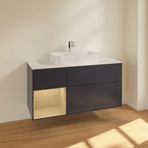 Bild von VILLEROY BOCH Finion Waschbeckenunterschrank, mit Beleuchtung, 3 Auszüge, 1200 x 603 x 501 mm, Midnight Blue Matt Lacquer / Oak Veneer / Glass White Matt #F411PCHG