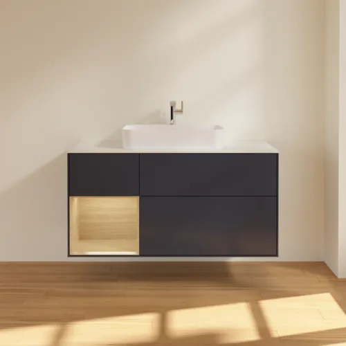 Bild von VILLEROY BOCH Finion Waschbeckenunterschrank, mit Beleuchtung, 3 Auszüge, 1200 x 603 x 501 mm, Midnight Blue Matt Lacquer / Oak Veneer / Glass White Matt #F411PCHG