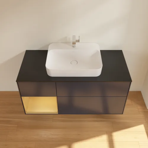 VILLEROY BOCH Finion Waschbeckenunterschrank, mit Beleuchtung, 3 Auszüge, 1200 x 603 x 501 mm, Midnight Blue Matt Lacquer / Gold Matt Lacquer / Glass Black Matt #F412HFHG, Bild 4