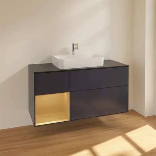 VILLEROY BOCH Finion Waschbeckenunterschrank, mit Beleuchtung, 3 Auszüge, 1200 x 603 x 501 mm, Midnight Blue Matt Lacquer / Gold Matt Lacquer / Glass Black Matt #F412HFHG, Bild 2
