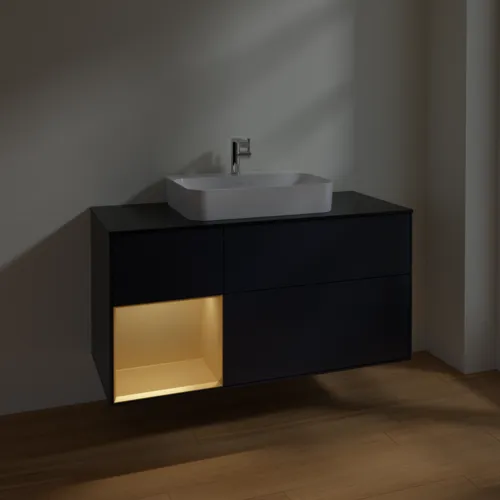 VILLEROY BOCH Finion Waschbeckenunterschrank, mit Beleuchtung, 3 Auszüge, 1200 x 603 x 501 mm, Midnight Blue Matt Lacquer / Gold Matt Lacquer / Glass Black Matt #F412HFHG, Bild 5
