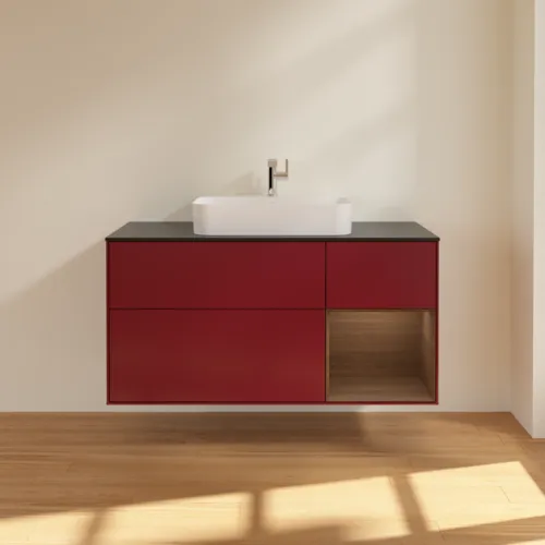 VILLEROY BOCH Finion Waschbeckenunterschrank, mit Beleuchtung, 3 Auszüge, 1200 x 603 x 501 mm, Peony Matt Lacquer / Walnut Veneer / Glass Black Matt #F422GNHB, Bild 3
