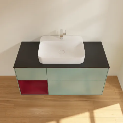 Bild von VILLEROY BOCH Finion Waschbeckenunterschrank, mit Beleuchtung, 3 Auszüge, 1200 x 603 x 501 mm, Olive Matt Lacquer / Peony Matt Lacquer / Glass Black Matt #F412HBGM
