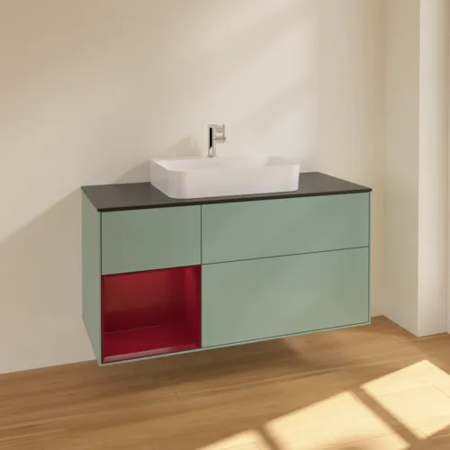 Bild von VILLEROY BOCH Finion Waschbeckenunterschrank, mit Beleuchtung, 3 Auszüge, 1200 x 603 x 501 mm, Olive Matt Lacquer / Peony Matt Lacquer / Glass Black Matt #F412HBGM