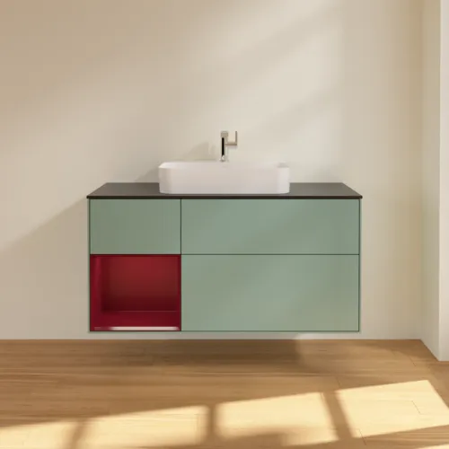 Bild von VILLEROY BOCH Finion Waschbeckenunterschrank, mit Beleuchtung, 3 Auszüge, 1200 x 603 x 501 mm, Olive Matt Lacquer / Peony Matt Lacquer / Glass Black Matt #F412HBGM