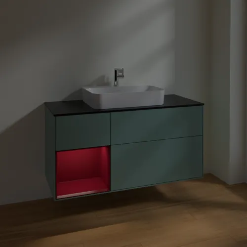 Bild von VILLEROY BOCH Finion Waschbeckenunterschrank, mit Beleuchtung, 3 Auszüge, 1200 x 603 x 501 mm, Olive Matt Lacquer / Peony Matt Lacquer / Glass Black Matt #F412HBGM