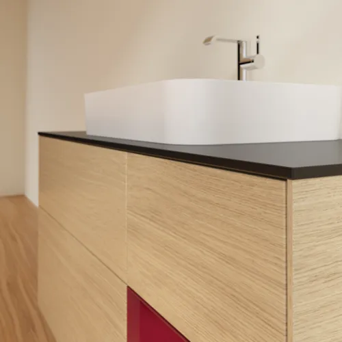 Bild von VILLEROY BOCH Finion Waschbeckenunterschrank, mit Beleuchtung, 3 Auszüge, 1200 x 603 x 501 mm, Oak Veneer / Peony Matt Lacquer / Glass Black Matt #F422HBPC
