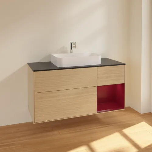 Bild von VILLEROY BOCH Finion Waschbeckenunterschrank, mit Beleuchtung, 3 Auszüge, 1200 x 603 x 501 mm, Oak Veneer / Peony Matt Lacquer / Glass Black Matt #F422HBPC