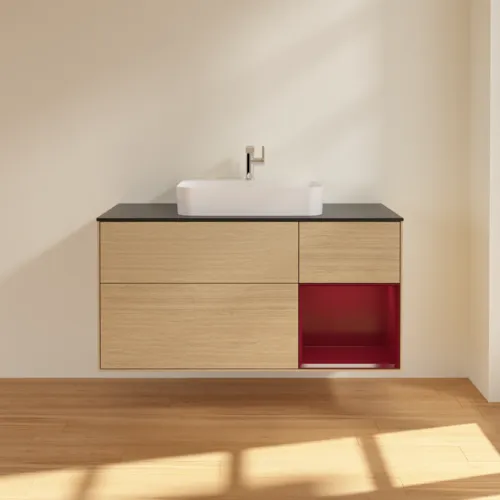 Bild von VILLEROY BOCH Finion Waschbeckenunterschrank, mit Beleuchtung, 3 Auszüge, 1200 x 603 x 501 mm, Oak Veneer / Peony Matt Lacquer / Glass Black Matt #F422HBPC
