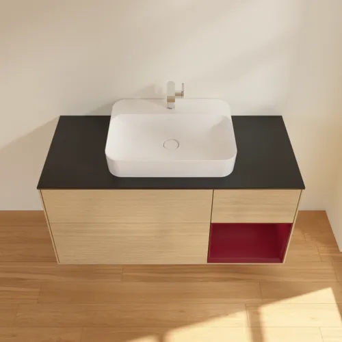 Bild von VILLEROY BOCH Finion Waschbeckenunterschrank, mit Beleuchtung, 3 Auszüge, 1200 x 603 x 501 mm, Oak Veneer / Peony Matt Lacquer / Glass Black Matt #F422HBPC