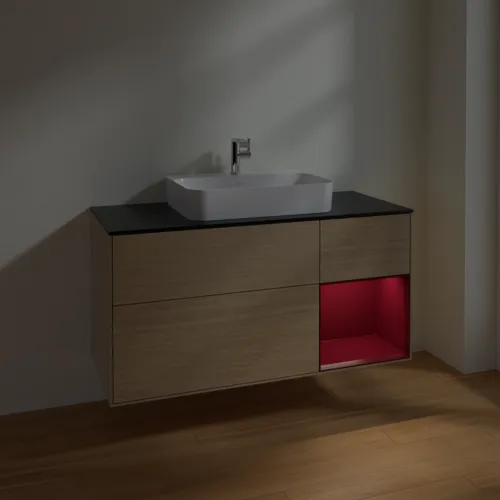 Bild von VILLEROY BOCH Finion Waschbeckenunterschrank, mit Beleuchtung, 3 Auszüge, 1200 x 603 x 501 mm, Oak Veneer / Peony Matt Lacquer / Glass Black Matt #F422HBPC