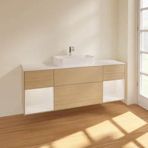 Bild von VILLEROY BOCH Finion Waschbeckenunterschrank, mit Beleuchtung, 4 Auszüge, 1600 x 603 x 501 mm, Oak Veneer / Glossy White Lacquer / Glass White Matt #F451GFPC