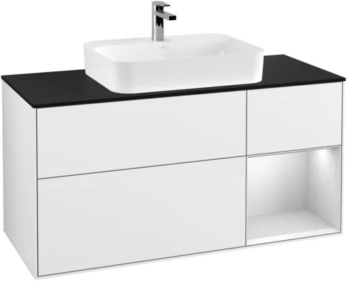 VILLEROY BOCH Finion Vanity unit, with lighting, 3 pull-out compartments, 1200 x 603 x 501 mm, Glossy White Lacquer / White Matt Lacquer / Glass Black Matt #F422MTGF resmi