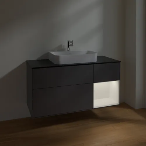 Bild von VILLEROY BOCH Finion Waschbeckenunterschrank, mit Beleuchtung, 3 Auszüge, 1200 x 603 x 501 mm, Anthracite Matt Lacquer / White Matt Lacquer / Glass Black Matt #F422MTGK