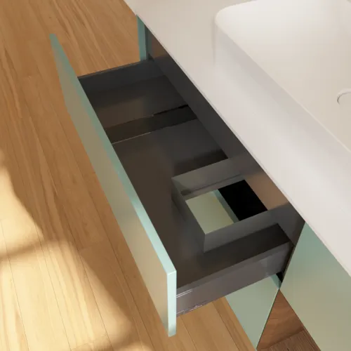 Bild von VILLEROY BOCH Finion Waschbeckenunterschrank, mit Beleuchtung, 3 Auszüge, 1200 x 603 x 501 mm, Olive Matt Lacquer / Walnut Veneer / Glass White Matt #F421GNGM