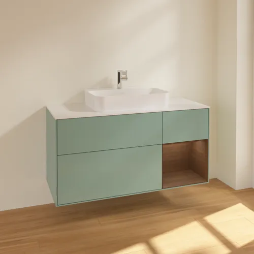Bild von VILLEROY BOCH Finion Waschbeckenunterschrank, mit Beleuchtung, 3 Auszüge, 1200 x 603 x 501 mm, Olive Matt Lacquer / Walnut Veneer / Glass White Matt #F421GNGM