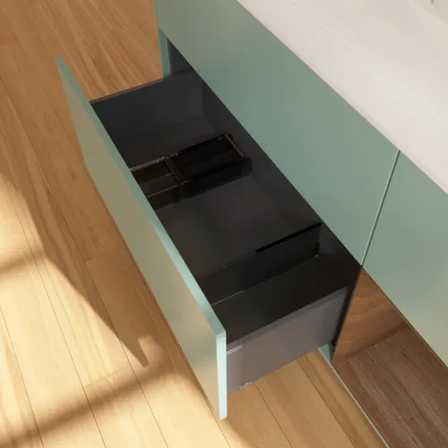 Bild von VILLEROY BOCH Finion Waschbeckenunterschrank, mit Beleuchtung, 3 Auszüge, 1200 x 603 x 501 mm, Olive Matt Lacquer / Walnut Veneer / Glass White Matt #F421GNGM