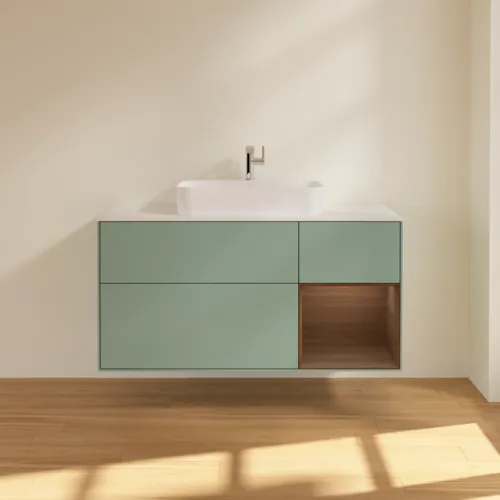 Bild von VILLEROY BOCH Finion Waschbeckenunterschrank, mit Beleuchtung, 3 Auszüge, 1200 x 603 x 501 mm, Olive Matt Lacquer / Walnut Veneer / Glass White Matt #F421GNGM