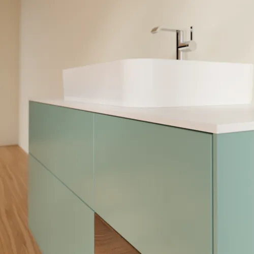 Bild von VILLEROY BOCH Finion Waschbeckenunterschrank, mit Beleuchtung, 3 Auszüge, 1200 x 603 x 501 mm, Olive Matt Lacquer / Walnut Veneer / Glass White Matt #F421GNGM