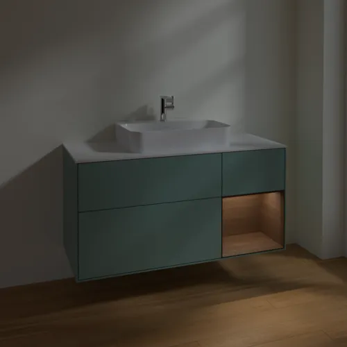 Bild von VILLEROY BOCH Finion Waschbeckenunterschrank, mit Beleuchtung, 3 Auszüge, 1200 x 603 x 501 mm, Olive Matt Lacquer / Walnut Veneer / Glass White Matt #F421GNGM