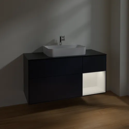 VILLEROY BOCH Finion Waschbeckenunterschrank, mit Beleuchtung, 3 Auszüge, 1200 x 603 x 501 mm, Midnight Blue Matt Lacquer / White Matt Lacquer / Glass Black Matt #F422MTHG, Bild 5