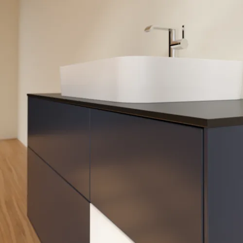 VILLEROY BOCH Finion Waschbeckenunterschrank, mit Beleuchtung, 3 Auszüge, 1200 x 603 x 501 mm, Midnight Blue Matt Lacquer / White Matt Lacquer / Glass Black Matt #F422MTHG, Bild 6