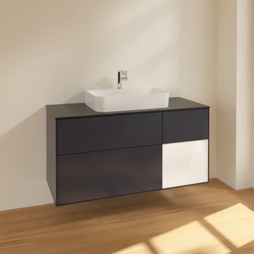 VILLEROY BOCH Finion Waschbeckenunterschrank, mit Beleuchtung, 3 Auszüge, 1200 x 603 x 501 mm, Midnight Blue Matt Lacquer / White Matt Lacquer / Glass Black Matt #F422MTHG, Bild 2