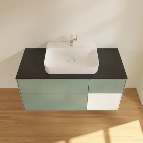 Bild von VILLEROY BOCH Finion Waschbeckenunterschrank, mit Beleuchtung, 3 Auszüge, 1200 x 603 x 501 mm, Olive Matt Lacquer / White Matt Lacquer / Glass Black Matt #F422MTGM