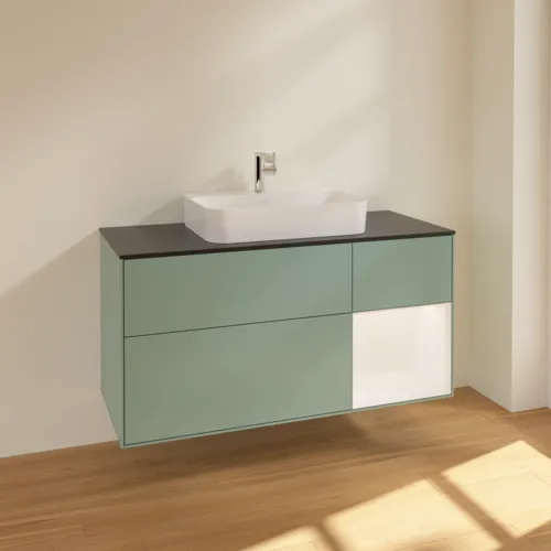 Bild von VILLEROY BOCH Finion Waschbeckenunterschrank, mit Beleuchtung, 3 Auszüge, 1200 x 603 x 501 mm, Olive Matt Lacquer / White Matt Lacquer / Glass Black Matt #F422MTGM