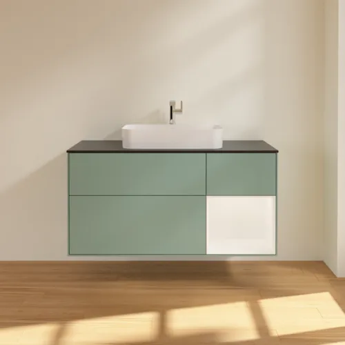 Bild von VILLEROY BOCH Finion Waschbeckenunterschrank, mit Beleuchtung, 3 Auszüge, 1200 x 603 x 501 mm, Olive Matt Lacquer / White Matt Lacquer / Glass Black Matt #F422MTGM