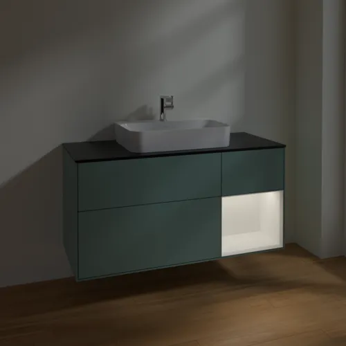 Bild von VILLEROY BOCH Finion Waschbeckenunterschrank, mit Beleuchtung, 3 Auszüge, 1200 x 603 x 501 mm, Olive Matt Lacquer / White Matt Lacquer / Glass Black Matt #F422MTGM
